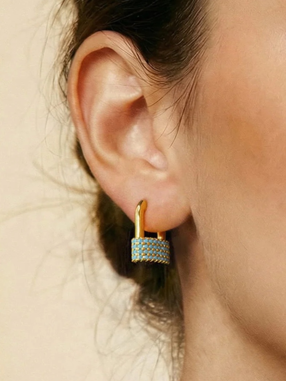 Gold Plated Turquoise Pave Huggie Lock Earrings New